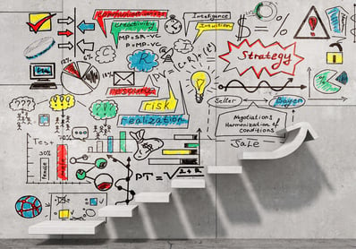 Business decision making process steps with backdrop of graphs, ideas, and targets.jpeg